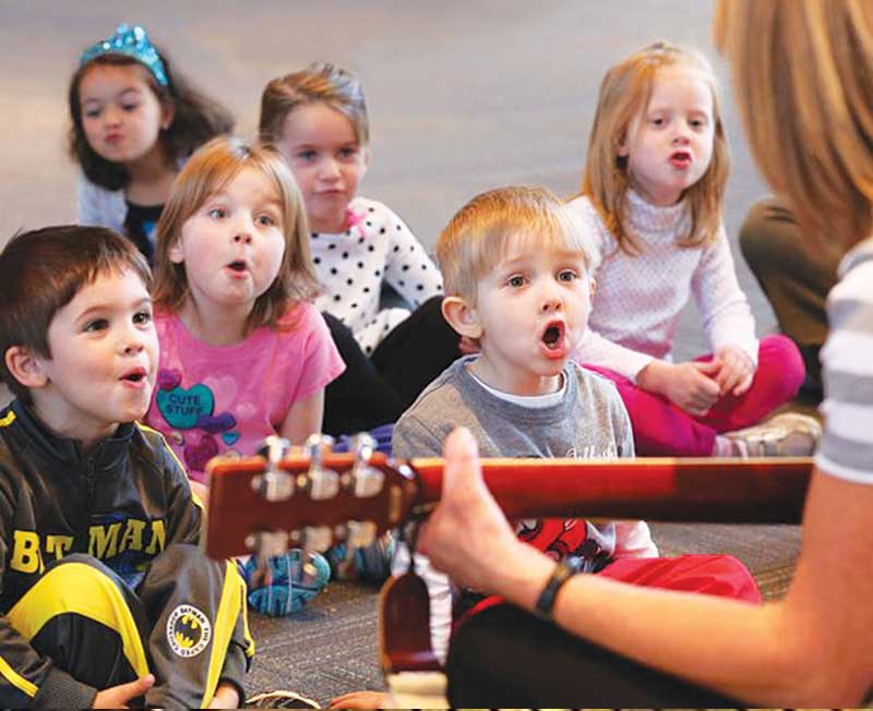 Kids singing with teacher/guitar